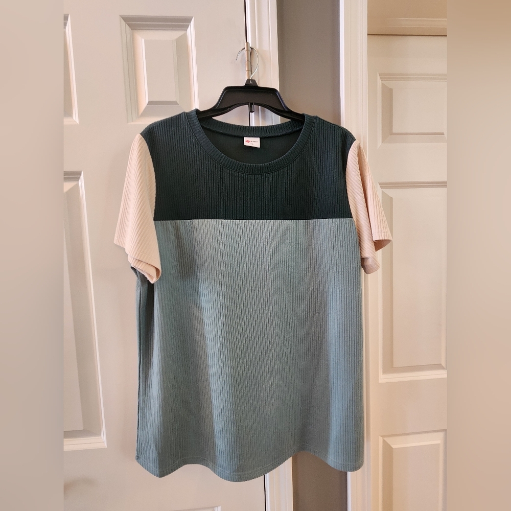 Wiholl Colorblock Short Sleeve Tee in Green and Cream - Size XL